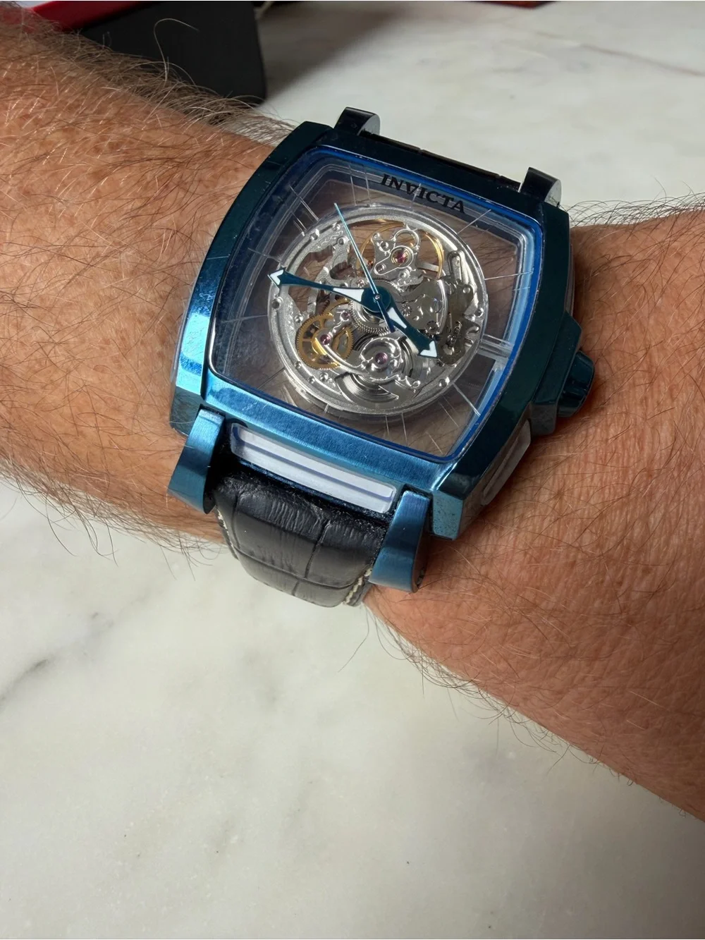 Invicta Men's Blue-Tone Skeleton Dial Automatic Watch with Black Leather Strap